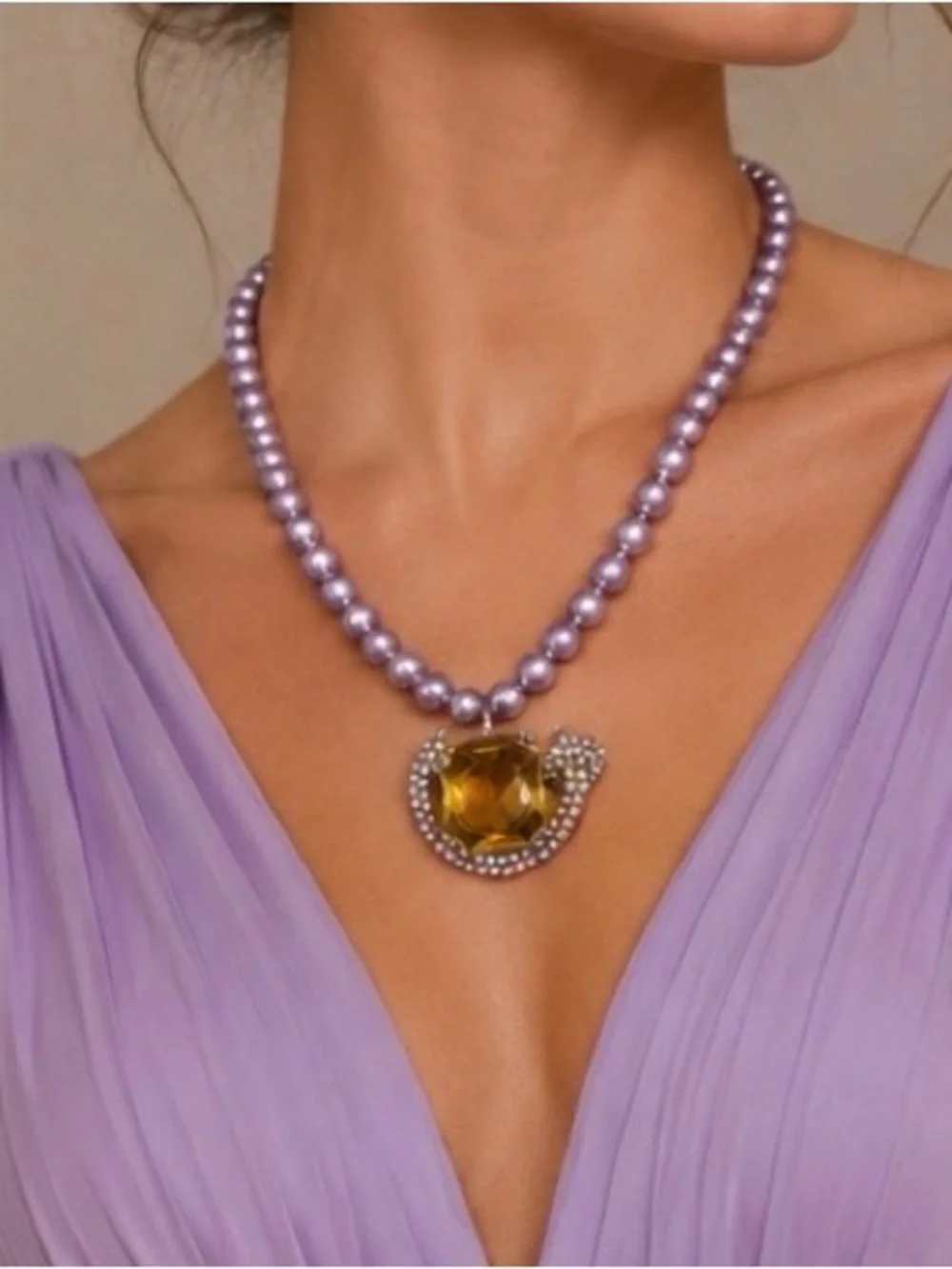 Reimagined Vintage Amber Glass AB Rhinestone Pearl Necklace & Earrings Set
